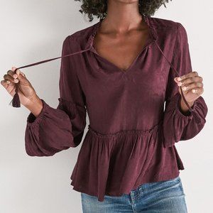 Lucky Brand Large L Purple Ruffle Trim Tassel Boho Jacquard Peasant Top Blouse